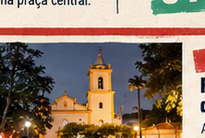 Igreja iluminada à noite com moradores reunidos na praça em Águas de Santa Bárbara